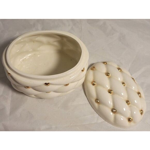 VTG HOLLAND MOLD HANDMADE WHITE DIAMOND & GOLD CUSHION STYLE TRINKET BOX & LID - Picture 5 of 10